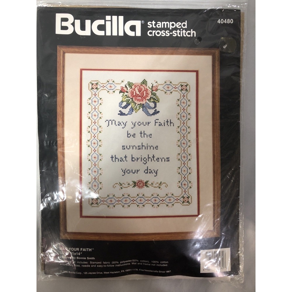 Bucilla Stamped Cross Stitch Kit #40480, " May Your Faith", 1990, 11x14 Open Box